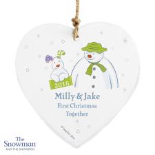 Personalised The Snowman & The Snowdog Heart Decoration